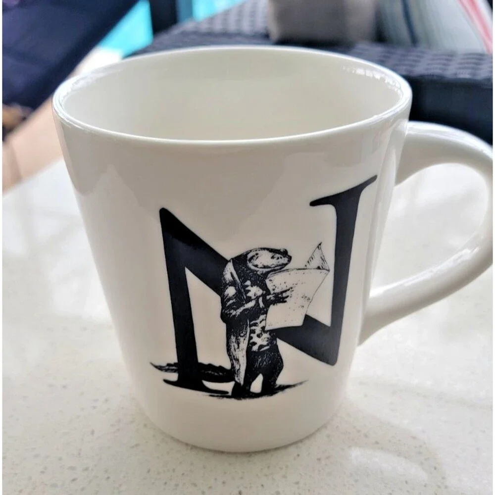 Williams Sonoma Rory Dobner Monogram Initial N NEWT With NEWSPAPER Coffee Mug